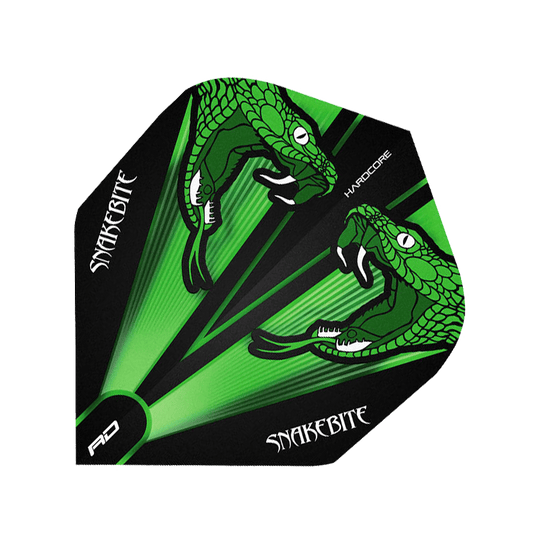 Peter-Wright-green Das Bild zeigt ein Dartflight mit grünem und transparentem Design. Darauf sind zwei grüne Schlangenköpfe und der Schriftzug "SNAKEBITE" abgebildet.
