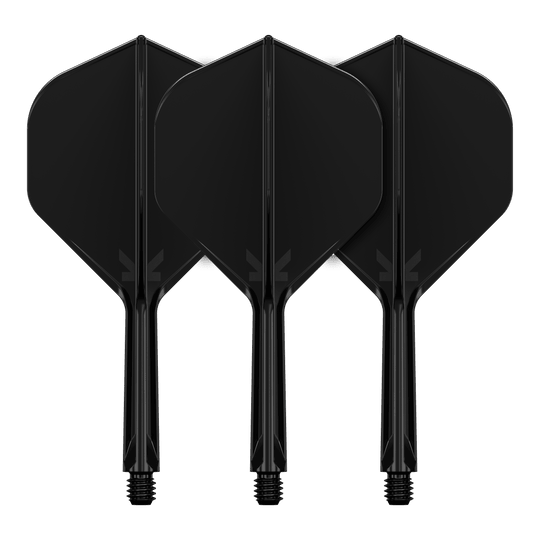 Sistema de vuelo estándar Target K-Flex No2 - Negro Das Bild zeigt drei schwarze Dartflights mit integrierten Schäften. Sie sind nebeneinander angeordnet und haben ein schlichtes, einfarbiges Design.