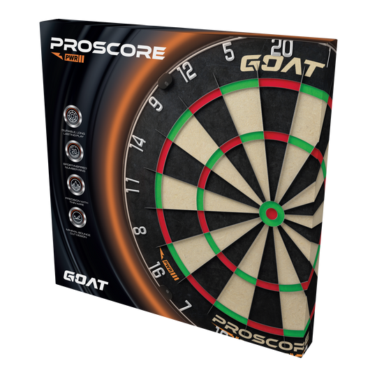 Diana de acero GOAT Proscore PWR Die Abbildung zeigt das Produkt „GOAT Proscore PWR Steeldartboard“ in seiner Verpackung. Auf der Box sind das Dartboard und verschiedene Produkthighlights sichtbar.