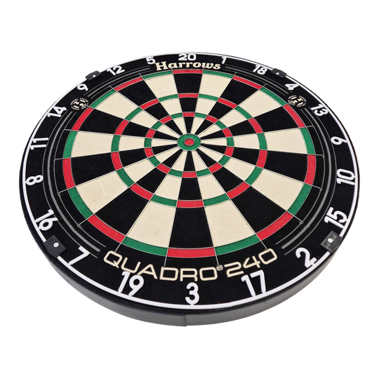 Diana de acero Harrows Quadro 240 Das Bild zeigt das Steeldartboard "Harrows Quadro 240". Die Dartscheibe ist rund und in verschiedene farbige Segmente unterteilt.