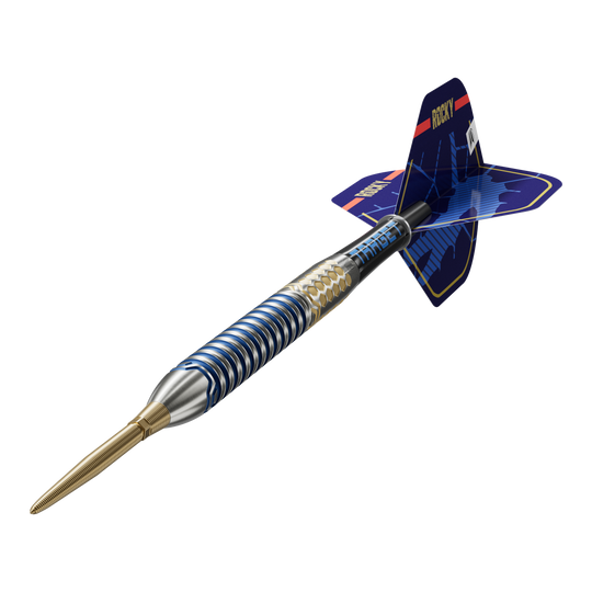 Das Bild zeigt einen Target Josh Rock GEN1 Swiss Point Steeldart. Der Dartpfeil hat ein auffälliges Design mit blauen und goldenen Akzenten sowie einem verzierten Flight.