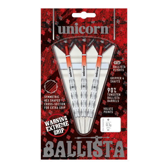 Dardos de acero Unicorn Ballista Style 1 Das Bild zeigt die "Unicorn Ballista Style 1 Steeldarts" in ihrer Verpackung. Die Darts haben einen extremen Grip und bestehen zu 90% aus Tungsten.
