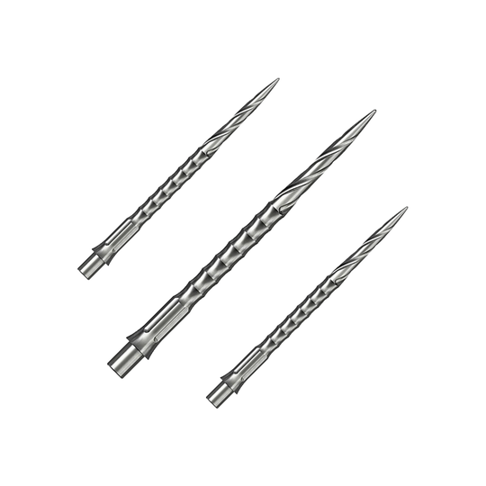 Puntas de dardos de acero Caliburn System - Spiro - NoLip - plateadas Das Bild zeigt vermutlich eine Steeldartspitze aus Silber mit einer Länge von 36 mm. Es handelt sich um eine Spiro NoLip Spitze aus dem Caliburn Evo System.