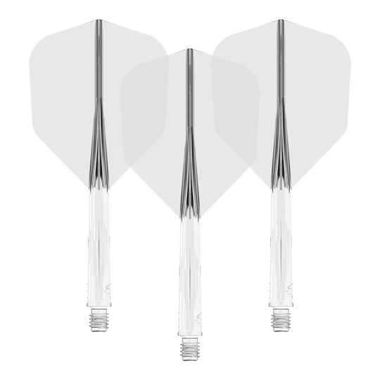 Sistema de eje de vuelo Mission Force 90 No6 - Transparente Das Bild zeigt drei durchsichtige Dartschäfte mit weißen Flights. Sie sind nebeneinander in einer Reihe angeordnet.