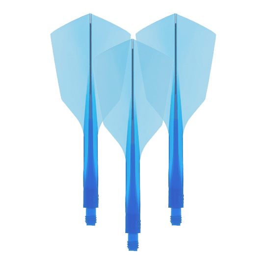 Sistema de vuelo Condor Ax 120 Azul claro - Estrecho Das Bild zeigt drei blaue Dart-Flights mit integriertem Schaft. Es handelt sich um das Produkt "Condor Axe 120 Flight-System Clear Blue - Narrow".