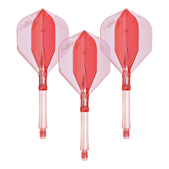 Ein Set mit großen klar roten Dart-Flights aus dem L-System. Praktisch für Dartspieler, die ihre Ausrüstung verbessern möchten.