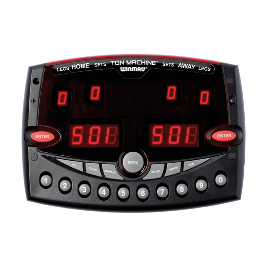 8050_Winmau_Ton_Machine_Professional_Scorer_1 Das Bild zeigt den Winmau Ton Machine Professional Scorer, ein elektronisches Anzeigegerät für Darts. Es verfügt über ein digitales Display, zahlreiche Bedientasten und rote Enter-Tasten auf beiden Seiten.