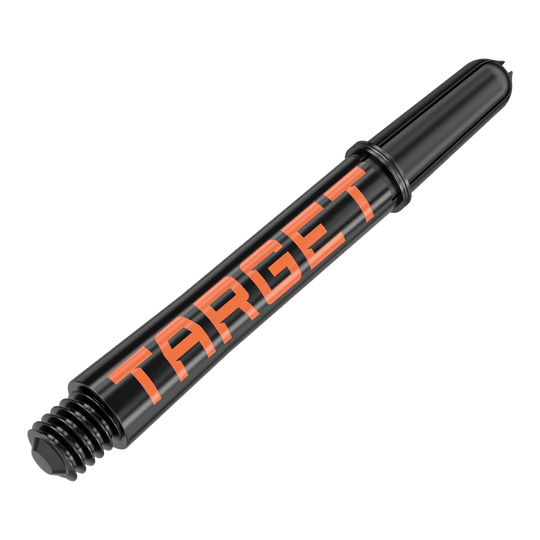 Varillas Target Pro Grip TAG - 3 juegos - Negro Naranja Das Bild zeigt einen schwarzen Dartshaft mit orangefarbener Aufschrift "TARGET". Der Shaft ist aus Kunststoff und hat ein Schraubgewinde am unteren Ende.