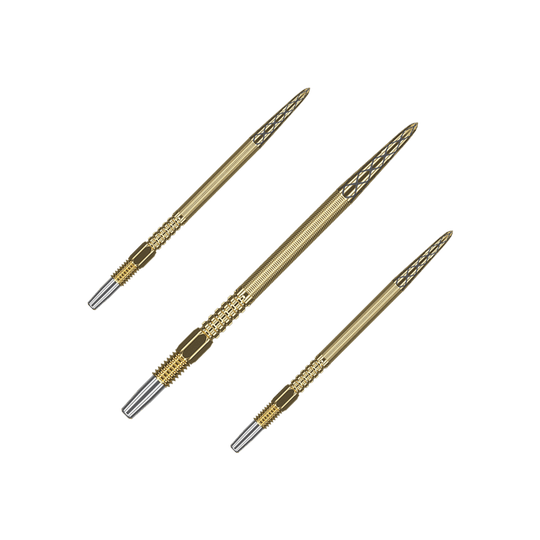 Puntas de dardos Target Swiss Point DX - dorado Auf dem Bild sind drei goldene Dartspitzen zu sehen. Sie haben ein feines Rillenmuster und silberne Enden.