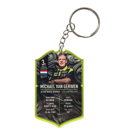 Llavero con tarjeta de dardos definitivo - Michael Van Gerwen Ultimate Darts Card Schlüsselanhänger - Michael Van Gerwen ist zu sehen. Der Schlüsselanhänger zeigt ein Motiv des berühmten Dartspielers Michael Van Gerwen.