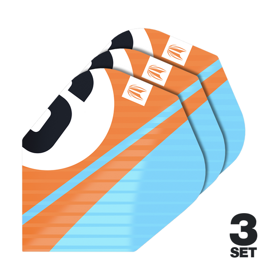 Plumas Target Pro Ultra Chicane Naranja No6 - 3 juegos Das Bild zeigt drei Sets von Target Pro Ultra Chicane Orange No6 Flights für Dartpfeile. Die Flights sind in Orange, Blau und Schwarz gestaltet und tragen das Target-Logo.