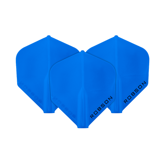 Robson Plus Standard Flights Das Bild zeigt drei blaue Dart-Flights der Marke Robson. Auf jedem Flight steht das Wort "ROBSON" in schwarzer Schrift.