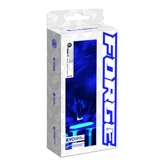 Dardos de acero Caliburn Forge F3 - 22 g Die Abbildung zeigt die Verpackung der „Caliburn Forge F3 Steeldarts - 22g“. Die Box ist überwiegend weiß mit blauen Akzenten und großem „FORGE“-Schriftzug an der Seite.