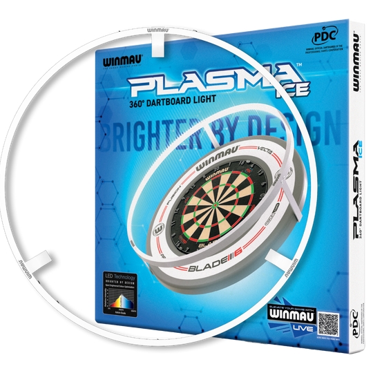 Das Bild zeigt das Produkt "Winmau Plasma Ice LED Beleuchtung und Surround Bundle". Auf der Verpackung ist ein beleuchteter Dartboard-Ring mit dazugehörigem Dartboard abgebildet.