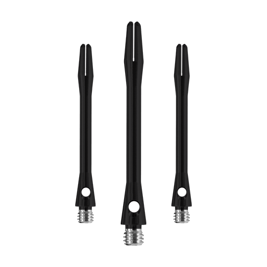 HR368_Harrows_Keramic_Shafts_Schwarz_47mm_1KzzPF3t8vjGQK Das Bild zeigt drei Harrows Keramic Shafts in Matt Schwarz. Sie sind in verschiedenen Längen abgebildet und haben ein modernes, schlichtes Design.