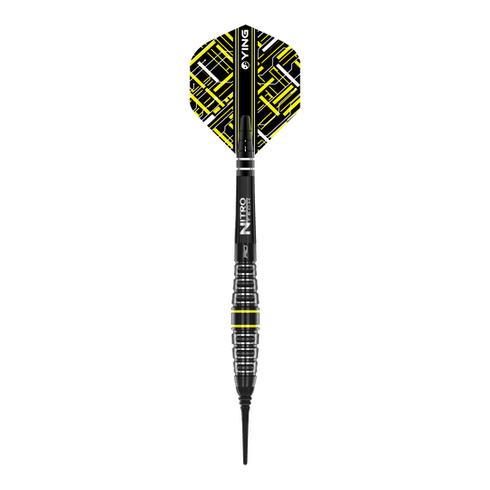 Dardos blandos Red Dragon Astraeus Q4X Torpedo - 20 g Das Bild zeigt den Red Dragon Astraeus Q4X Torpedo Softdart mit einem Gewicht von 20g. Der Dart hat ein modernes Design mit schwarzen und gelben Akzenten.