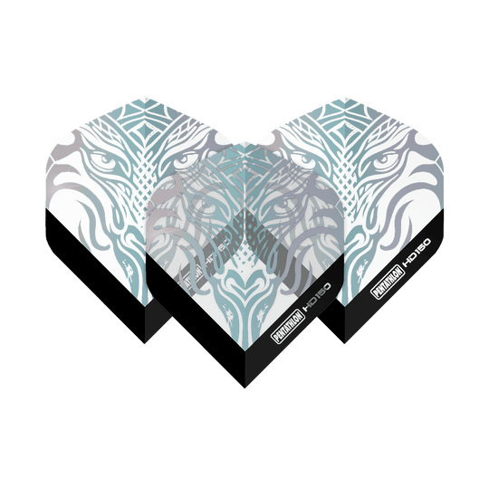 Plumas estándar transparentes metálicas Pentathlon HD150 Das Bild zeigt die Pentathlon HD150 Metallic Clear Standard Flights mit einem stilisierten, tierischen Gesichtsmuster. Die Flights sind größtenteils durchsichtig mit silbernen und metallischen Akzenten sowie schwarzem Rand unten.