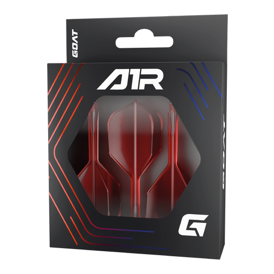 Sistema de eje de vuelo GOAT A1R No6 - Rojo Die Abbildung zeigt das Produkt "GOAT A1R No6 Flight-Shaft-System – Rot" in seiner Verpackung. Im Sichtfenster der Schachtel sind drei rote Dart-Flights und -Schäfte zu sehen.