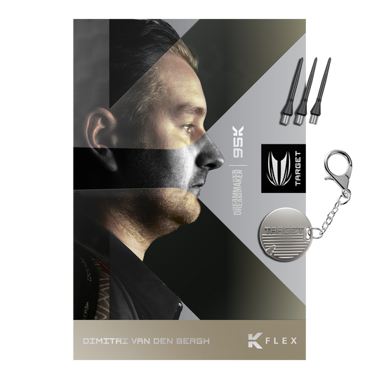 Dardos blandos Target Dimitri Van Den Bergh 95K - 19 g Das Bild zeigt die Target Dimitri Van Den Bergh 95K Softdarts mit einem Gewicht von 19 Gramm. Die Softdarts sind für präzises Werfen und professionelles Dartspiel konzipiert.