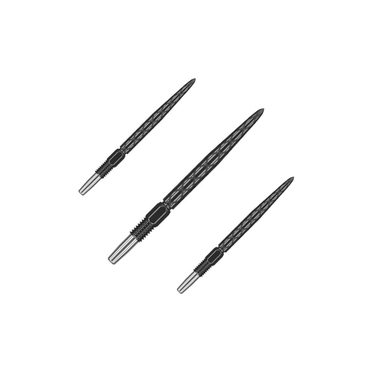 Puntas de dardos Target Swiss Diamond Pro Black Points Das Bild zeigt drei schwarze Dartspitzen mit silbernem Ende. Die Spitzen haben ein Rautenmuster und sind nebeneinander angeordnet.