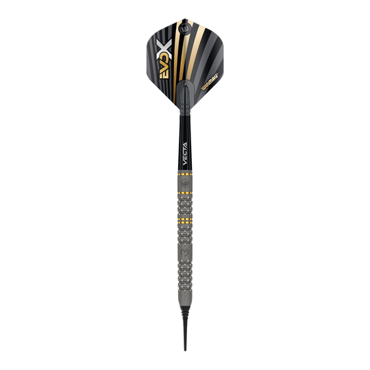Dardos blandos Winmau Michael Van Gerwen Evo-X - 20g Das Bild zeigt einen Winmau Michael Van Gerwen Evo-X Softdart mit einem Gewicht von 20g. Der Dart hat ein modernes Design mit schwarz-goldenen Akzenten und einer strukturierten Griffzone.