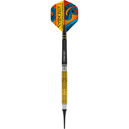 Dardos blandos Red Dragon Peter Wright, doble campeón mundial SE Gold Plus - 20 g Das Bild zeigt einen Softdart mit goldfarbenem Griff und bunter Spitze. Auf dem Flight steht "Snakebite Double World Champion" und es ist ein blauer Drache abgebildet.