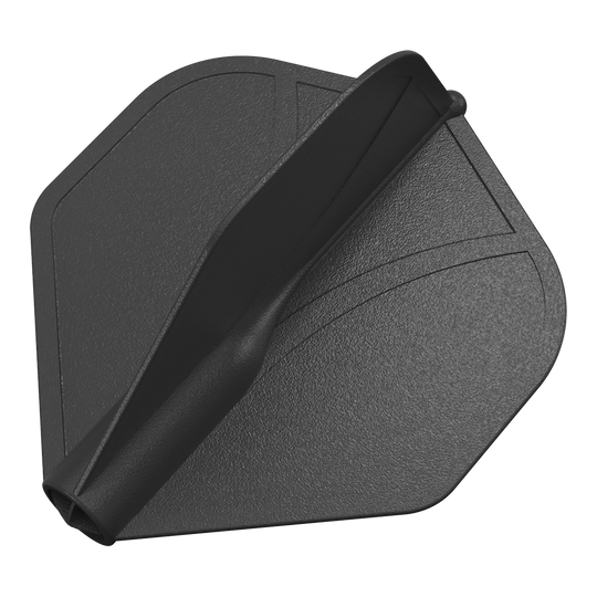 Das Bild zeigt eine schwarze, geformte Dart-Flügel aus Kunststoff. Die Oberfläche ist leicht strukturiert und hat eingeprägte Linien.