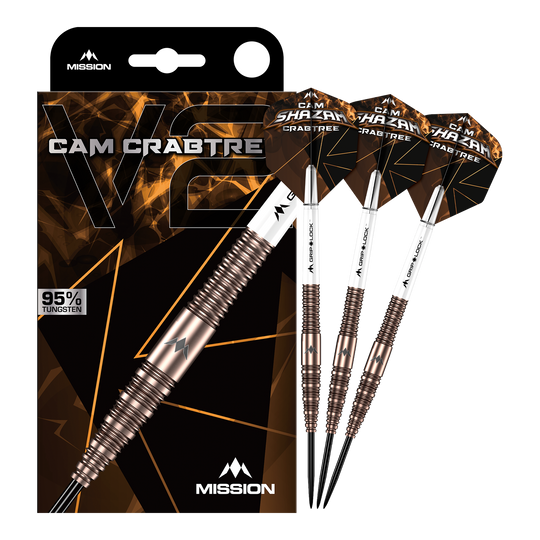 Dardos Mission Cam Crabtree V2 de acero de tungsteno al 95 % Das Bild zeigt die Mission Cam Crabtree V2 Steeldarts in voller Ansicht. Es handelt sich um ein Set von Steeldarts, präsentiert von vorne.
