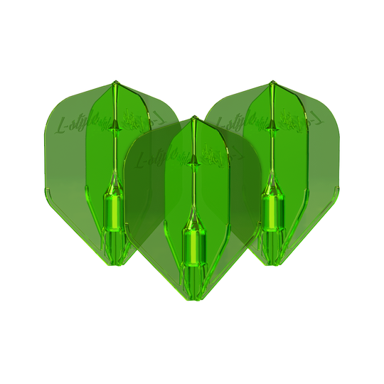 Plumas L-Style Fantom L3EZ Verde Das Bild zeigt drei grüne L-Style Fantom L3EZ Flights für Dartpfeile. Die Flights sind durchsichtig und haben eine glänzende Oberfläche.