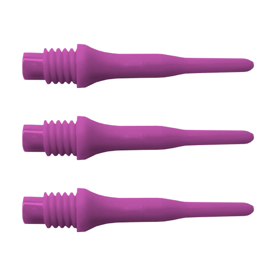896_Bulls_Tefo_X_Softdart-Spitzen_100erPack_Pink_1I2UgU5RPRM89p Das Bild zeigt drei lila Dartspitzen nebeneinander. Es handelt sich um das Produkt "Bulls Tefo X Spitzen (1000er) Pack - Spitzen".