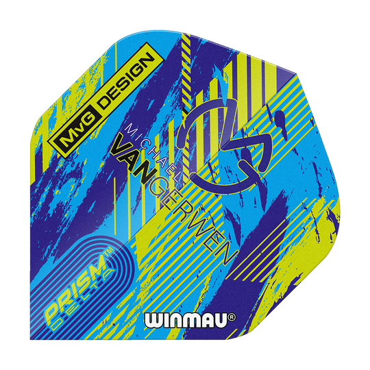 Plumas estándar Winmau Delta Michael Van Gerwen Prism 04 Das Bild zeigt ein buntes Dartflight mit dem Namen "Winmau Delta Michael Van Gerwen Prism 04 Standard Flights". Auf dem Flight sind verschiedene Schriftzüge und ein modernes Design in Blau, Gelb und Lila zu sehen.