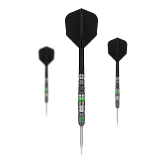 Dardos de acero Target Japan Black Marque Lightning 3 SP Das Bild zeigt drei Target Japan Black Marque Lightning 3 SP Steeldarts mit schwarzem Flight und silber-grünem Barrel. Die Darts sind modern gestaltet und besitzen eine schlanke, spitze Spitze.