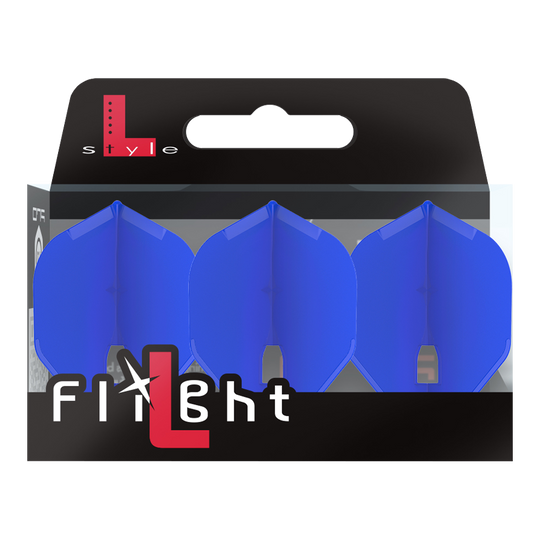 L-Style Champagne L1PRO Flights Auf dem Bild ist eine Packung mit drei blauen Dart-Flights der Marke L-Style zu sehen. Die Verpackung ist überwiegend schwarz und trägt die Aufschrift „Flight“.