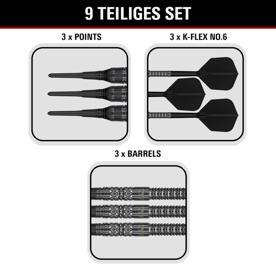 Dardos blandos Target Black Marque Creed - 21,5 g Produktbild der Target Black Marque Creed Softdarts mit einem Gewicht von 21,5g. Die Darts sind auf hellem Hintergrund abgebildet.
