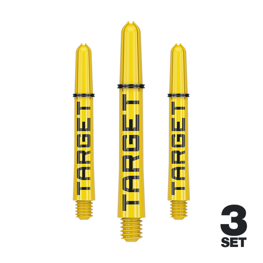Varillas Target Pro Grip TAG - 3 juegos - Amarillas Das Bild zeigt drei gelbe Dart-Schäfte mit der Aufschrift "TARGET". Unten rechts steht "3 SET", was auf ein Set mit drei Stück hinweist.
