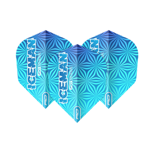 Red Dragon Gerwyn Price Iceman Blue No6 Flights Das Bild zeigt drei blaue Dart-Flights mit geometrischem Muster und der Aufschrift "ICEMAN". Die Flights tragen das Logo "Red Dragon" und sind das Modell "Gerwyn Price Iceman Blue No6".