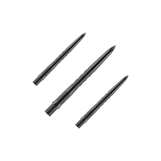 Puntas de dardos Mission Caliburn EVO - Ranuradas - Negras Das Bild zeigt drei schwarze, gerillte Steeldartspitzen, die parallel zueinander liegen. Die Spitzen sind spitz zulaufend und haben eine glänzende Oberfläche.
