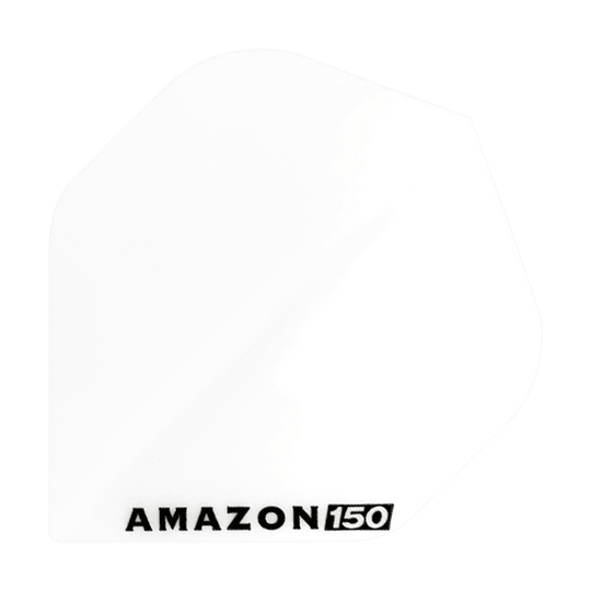 Vuelos de Amazon 150 - Blanco Das Bild zeigt ein weißes Dartflight mit der Aufschrift "AMAZON 150" in schwarzer Farbe. Das Flight hat eine klassische, schlichte Form und ist komplett einfarbig.