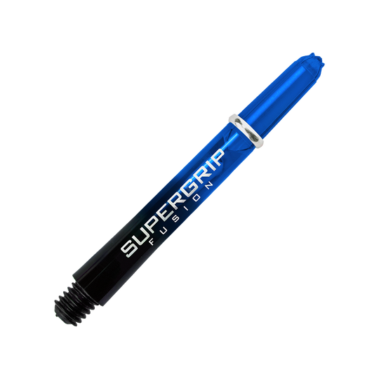 HR337_Harrows_Supergrip_Fusion_Shafts_Blau_40mm_2gcR6g7kFpMYKT Das Bild zeigt einen blauen Harrows Supergrip Fusion Shaft für Darts. Der Schriftzug "SUPERGRIP FUSION" ist auf dem Schaft gut sichtbar.