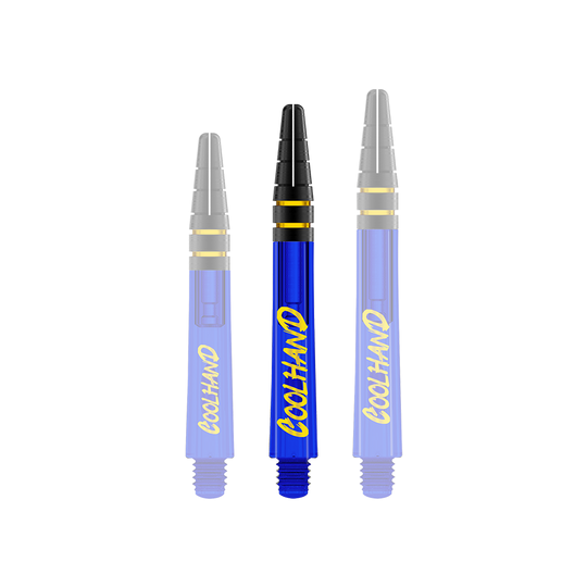 Flechas Red Dragon Nitrotech Luke Humphries Coolhand - Azul Auf dem Bild sind drei blaue Dart-Schäfte mit der gelben Aufschrift "COOLHAND" zu sehen. Die Schäfte haben schwarze und goldene Akzente am oberen Ende.