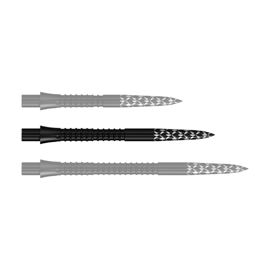 Puntas de dardos Mission Caliburn EVO con logotipo GV - Negro Das Bild zeigt schwarze Steeldartspitzen mit einer Länge von 32 mm. Es handelt sich um die Mission Caliburn EVO GV-Logo Steeldartspitzen.