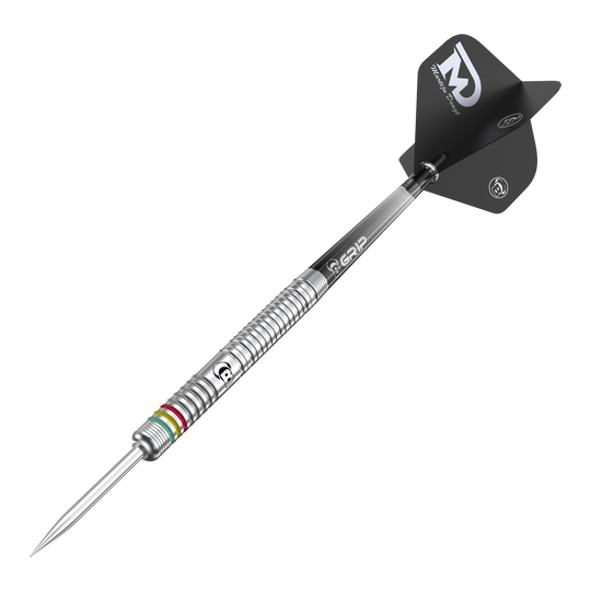 Dardos de acero Bulls Martijn Dragt - 24 g Auf dem Bild ist ein Bulls Martijn Dragt Steeldart mit einem Gewicht von 24g zu sehen. Der Dartpfeil hat einen silbernen, gerillten Schaft und schwarze Flights mit weißer Aufschrift.