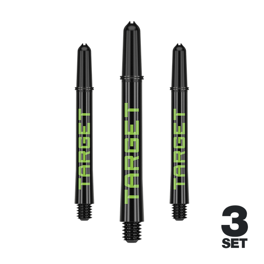 Varillas Target Pro Grip TAG - 3 juegos - Negro Verde Mehrere Dart-Schäfte mit glatten Linien und dezenter Farbe sind abgebildet. Das Produkt ist ordentlich arrangiert.
