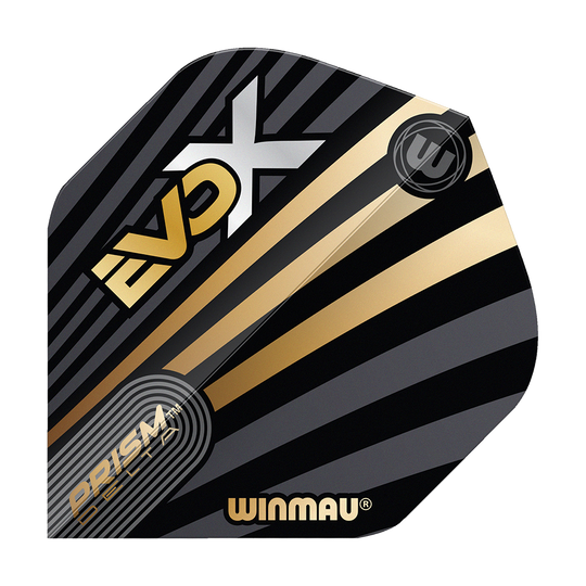 Vuelos estándar Winmau Prism Delta MvG Evo-X No2 Das Bild zeigt ein Winmau Prism Delta MvG Evo-X No2 Standard Flight. Das Flight ist schwarz mit goldenen und grauen Streifen sowie dem Schriftzug "EVO-X" und "WINMAU".