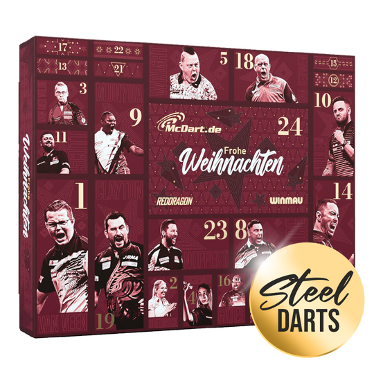 Calendario de Adviento Premium McDart 2026 para jugadores de dardos de acero Auf dem Bild ist der McDart Premium Adventskalender 2026 für Steeldart-Spieler zu sehen. Dieser Adventskalender bietet hochwertige Inhalte speziell für Steeldart-Enthusiasten.