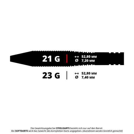 Das Bild zeigt die Gewichts- und Maßangaben zweier Steeldarts mit 21 Gramm und 23 Gramm. Beide Darts sind 52,80 mm lang, der Durchmesser beträgt 7,20 mm bzw. 7,40 mm.
