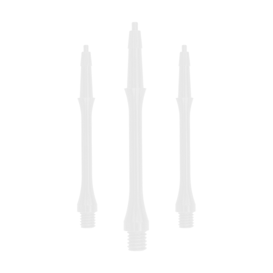 HRC-12596-W_Harrows_Clic_Slim_Shafts_White_30mm_1b0KWLaEB8y0Zq Das Bild zeigt drei weiße Harrows Clic Slim Shafts. Diese Schäfte werden für Dartpfeile verwendet.