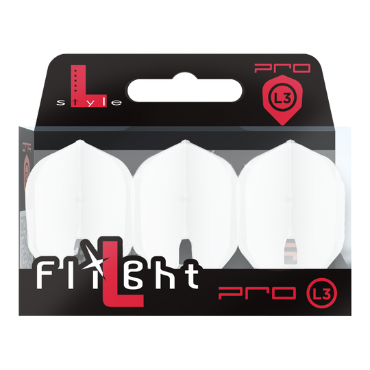 Das Bild zeigt ein Produkt mit dem Namen 'L-Style Champagne L3PRO Shape Flights White 2'. Es handelt sich vermutlich um einen weißen Dart-Flug in spezieller Form.