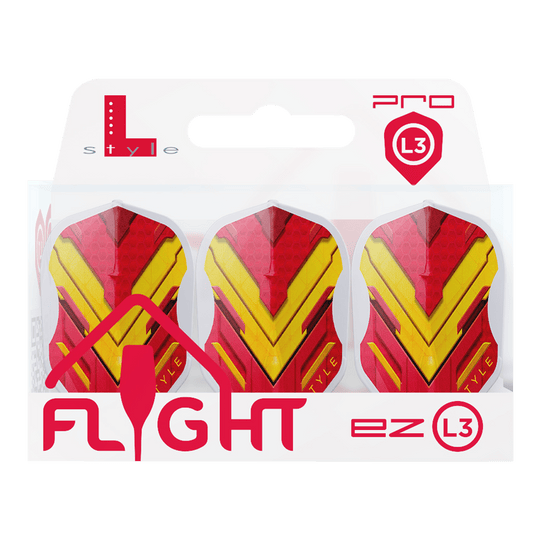 Vuelos L-Style V-Series V1 Tipo A España Blanco transparente L3EZ Das Bild zeigt eine Packung mit drei Dart-Flights der Marke L-Style in den Farben Rot und Gelb. Auf der Verpackung steht „FLIGHT ez L3“ und oben rechts ist das Pro L3-Logo zu sehen.