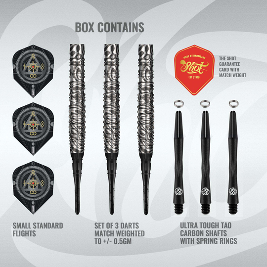 Dardos blandos Shot Alchemy Runstel - 20 g Zu sehen sind die Shot Alchemy Runstel Softdarts mit einem Gewicht von 20g. Sie bieten hohe Präzision und Spielkomfort.